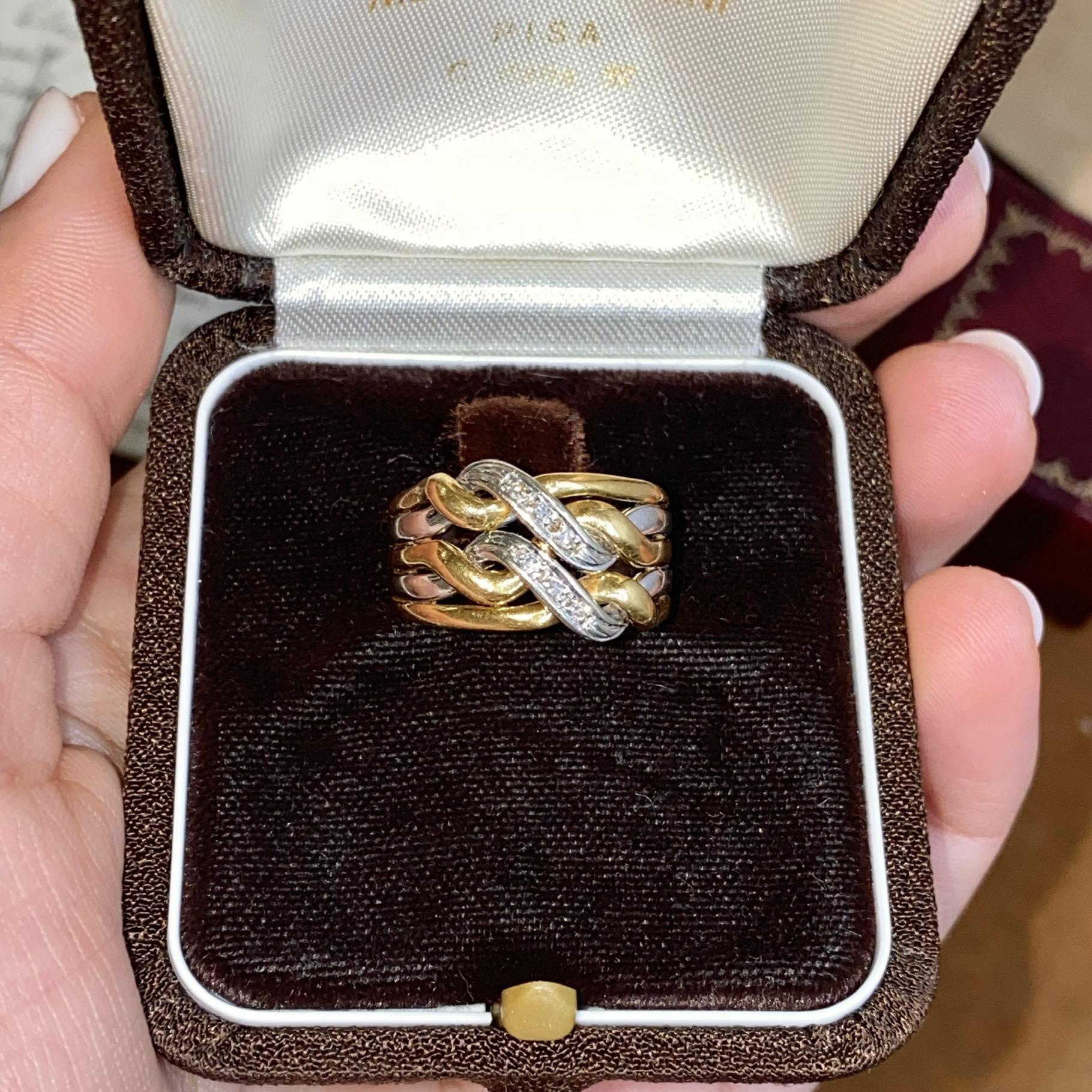 Anello vintage fascia in oro bianco e giallo 18kt con diamanti ct 0,10 ca.