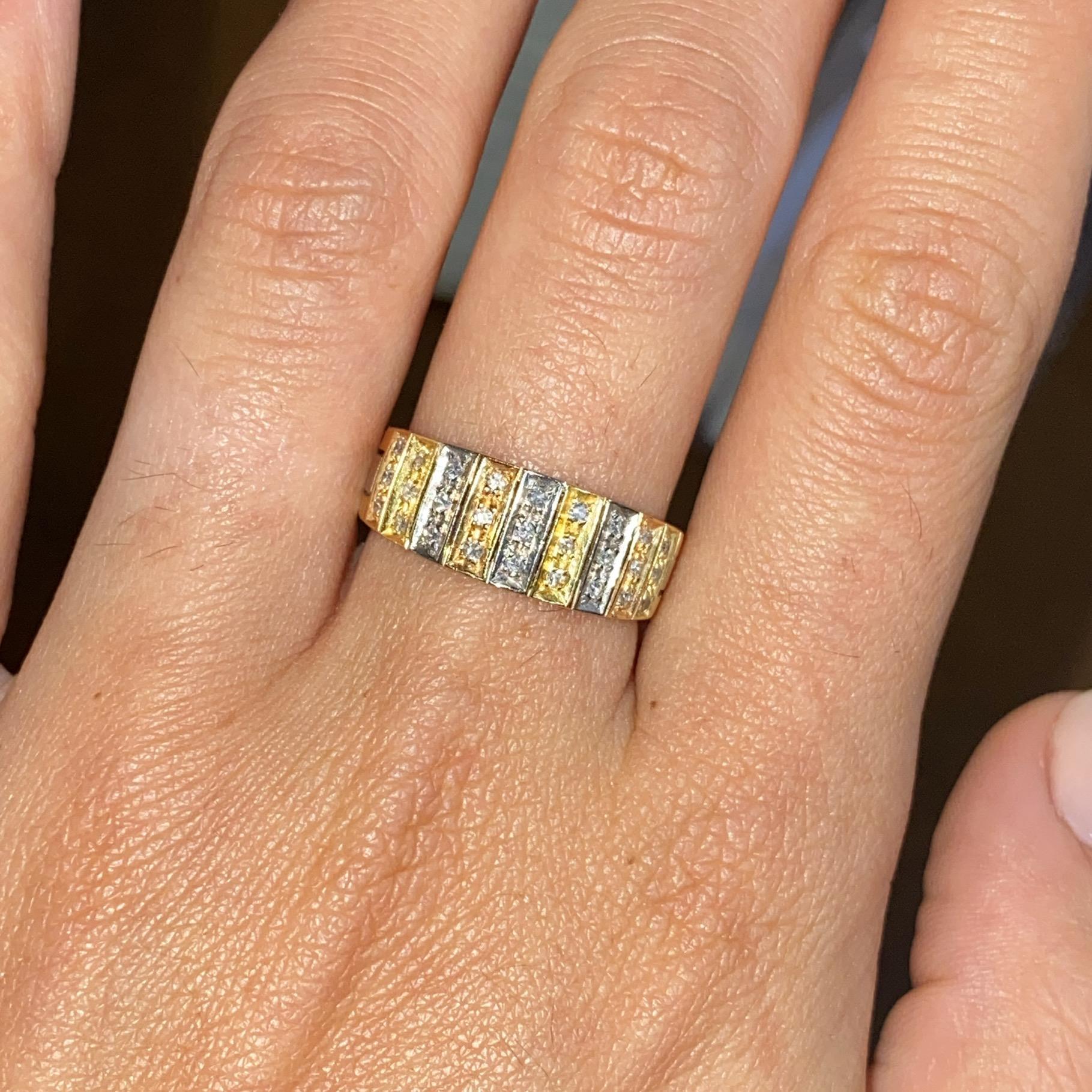 Anello vintage fascia in oro bianco, giallo e rosa 18kt con diamanti ct 0,22 ca.
