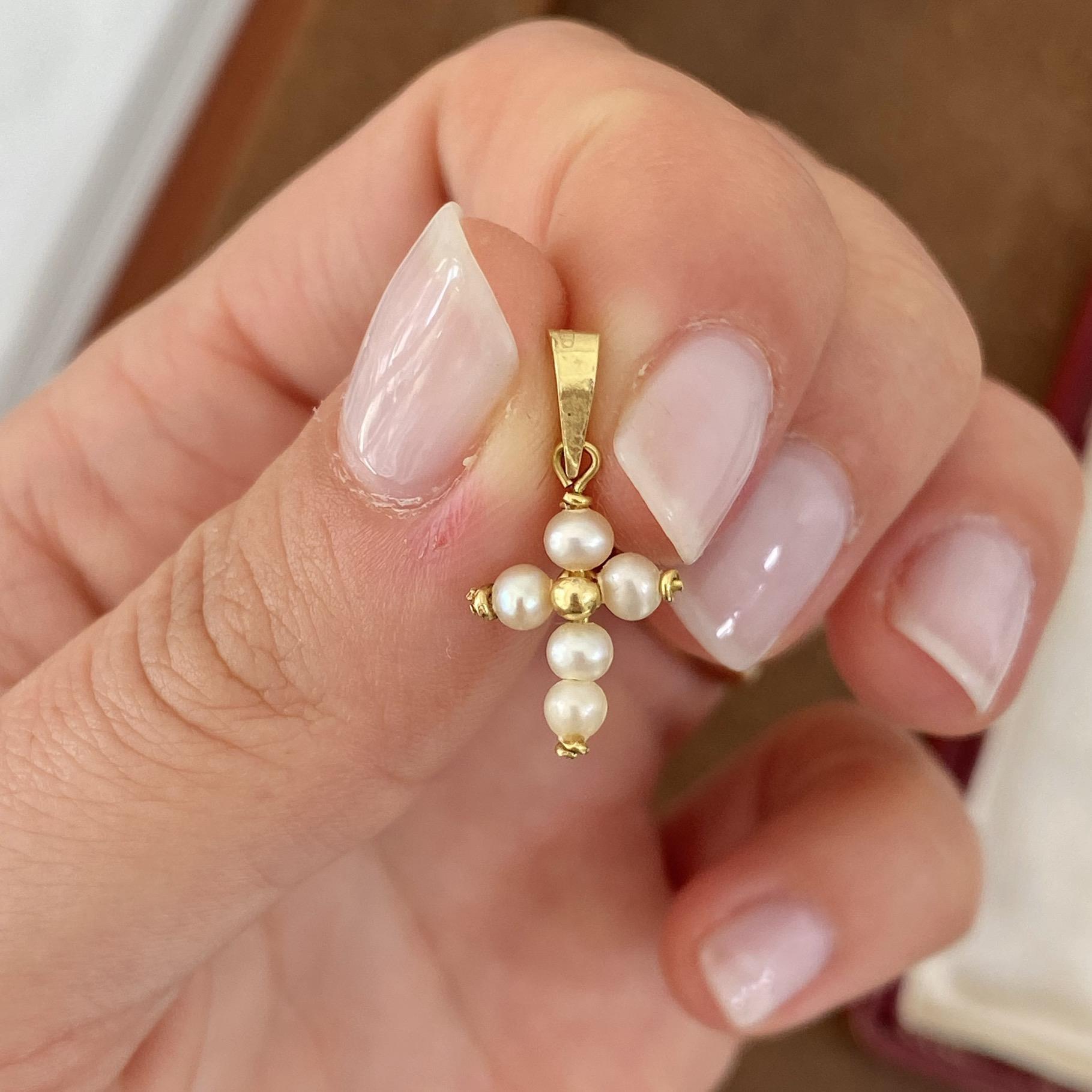Ciondolo vintage in oro 18kt croce con perline