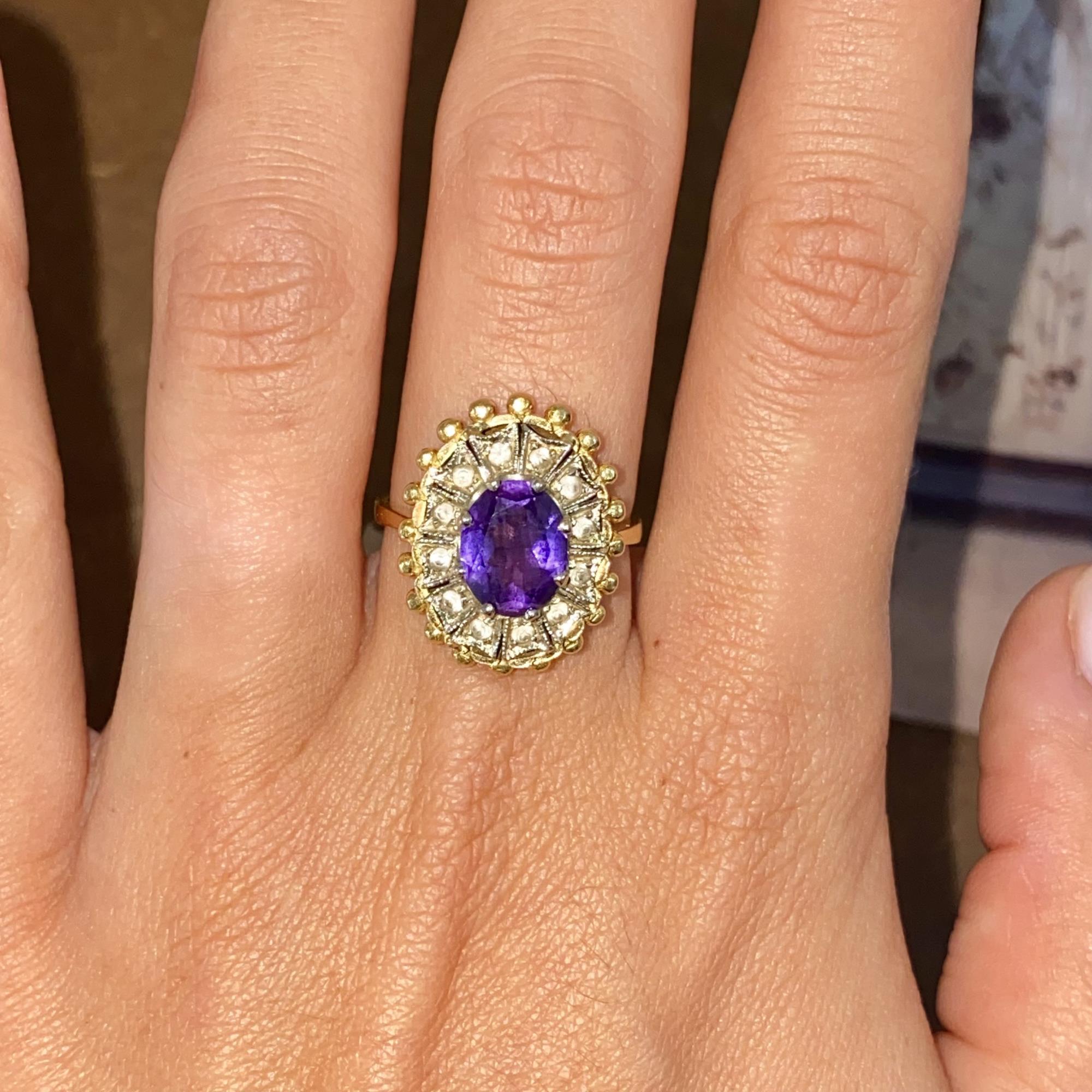 Margherita vintage in oro 18kt con ametista ct 1,20 ca. e zirconi
